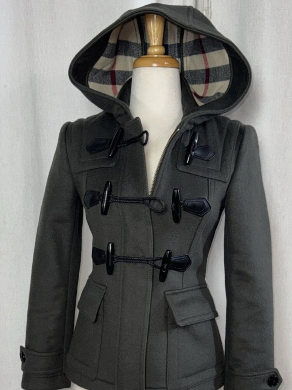 Burberry Brit Wool Toggle Duffle Coat Hood US2/XS Pine Green Nova Check Gold Zip